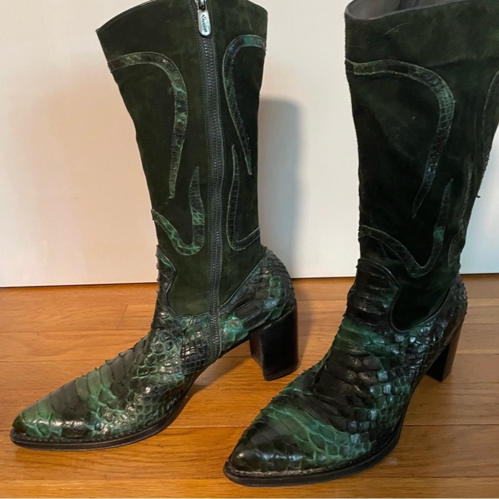 Rare Vintage Rocco P. Green Suede Leather &
Snakeskin Boots - 39.5 (US women 9)